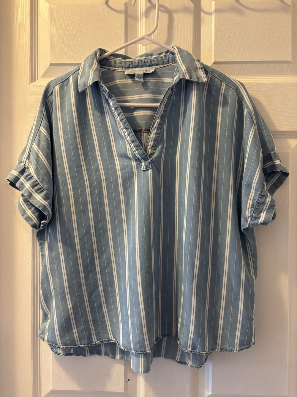 Blue Striped V-Neck Collared Women's Top
